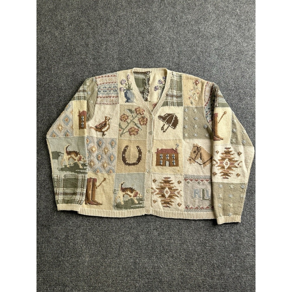 Women's Vintage 90s Lauren Ralph Lauren Patchwork Equestrian Cardigan, Size L